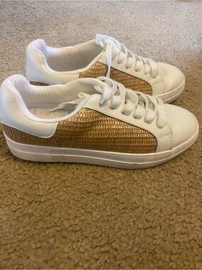 Lauriebelles Boutique Soda White Sneakers with Woven Tan Panels